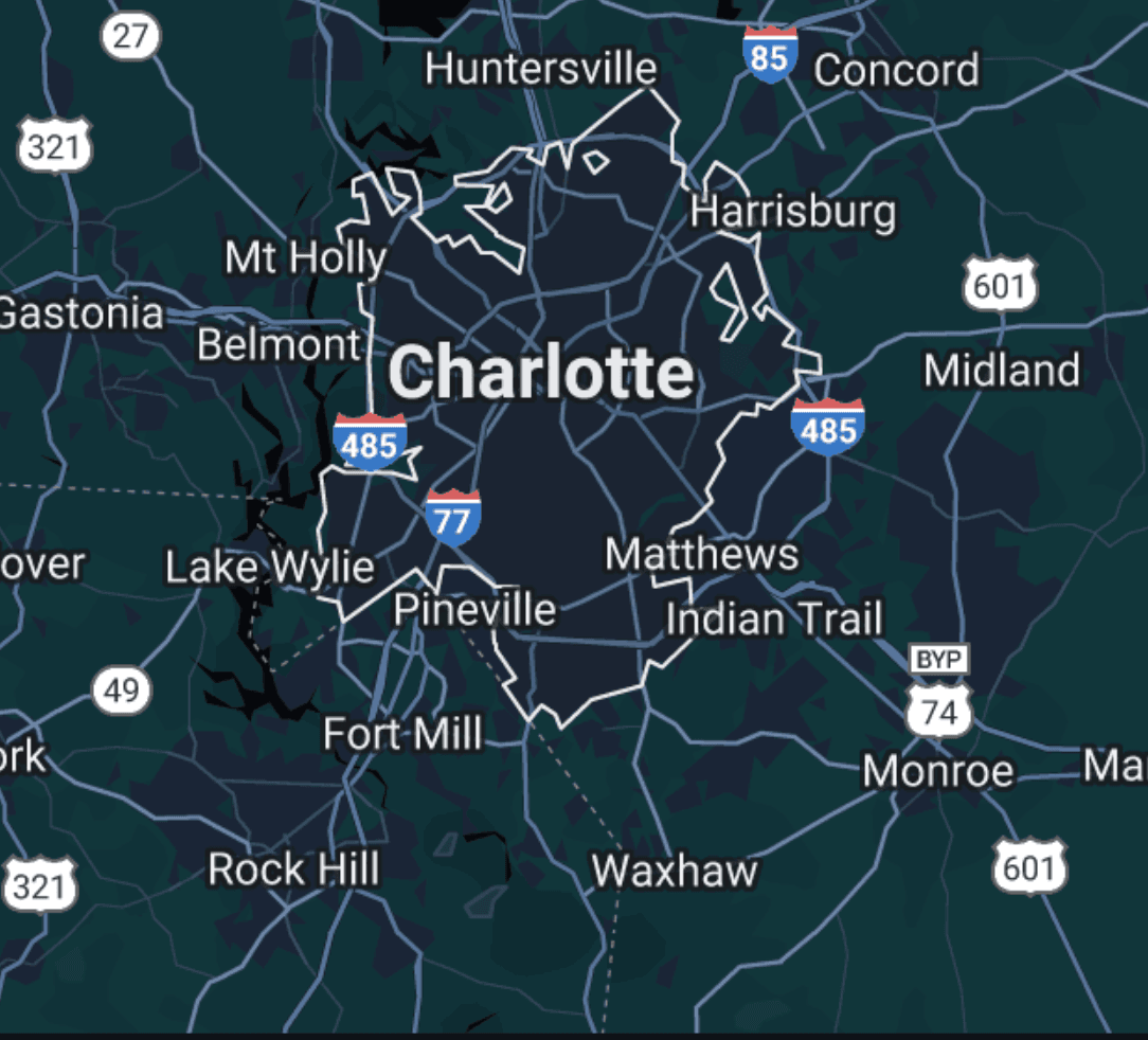 Map highlighting my journey from Charlotte, NC